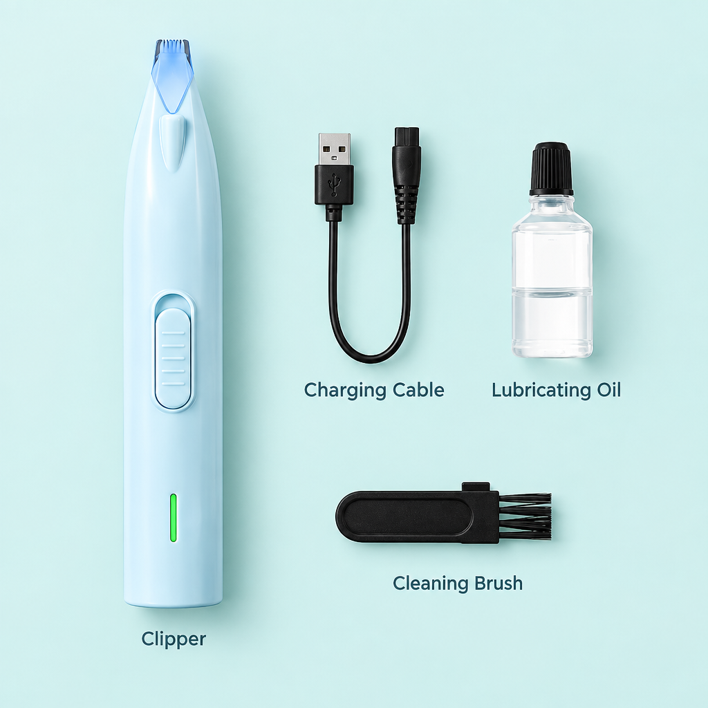 White pet grooming clipper, charging cable, lubricating oil, and cleaning brush