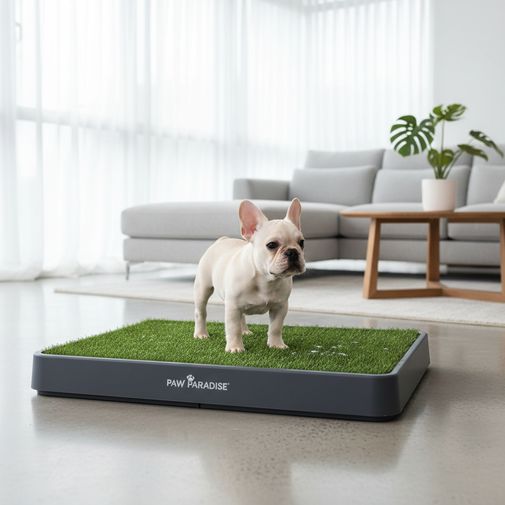 Small dog using indoor artificial grass potty tray in modern apartment