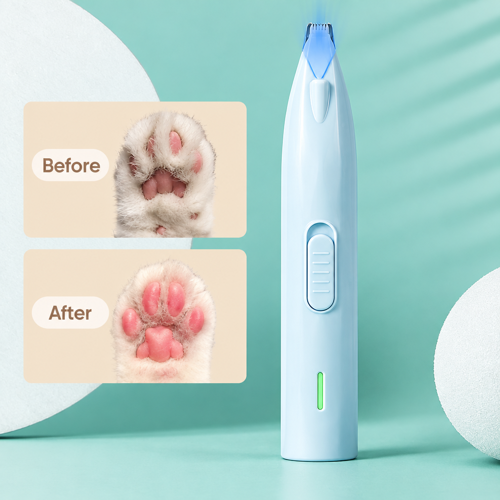 White pet grooming clipper with before and after paw-trimming comparison